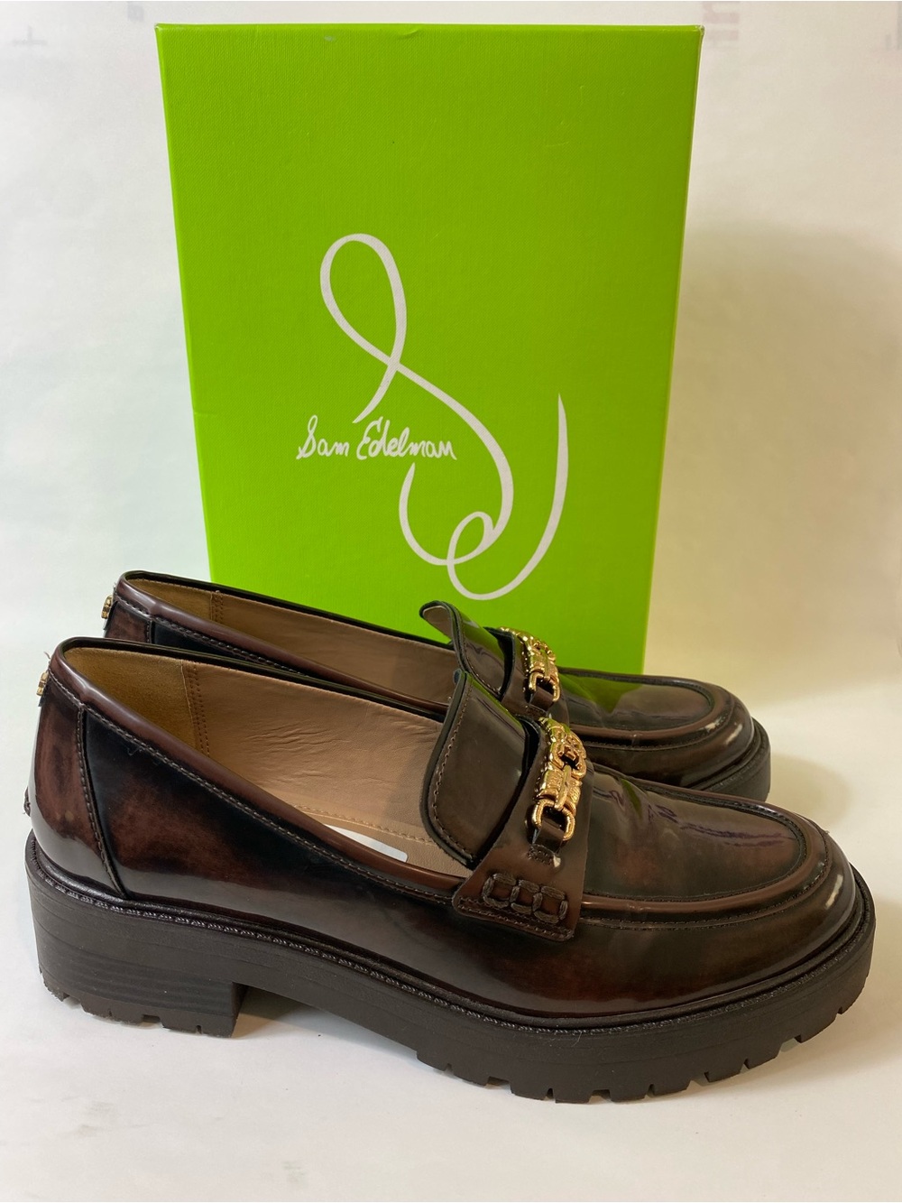 Sam Edelman Dark Brown Patent Leather Loafers with Gold Chain - Picture 3 of 12